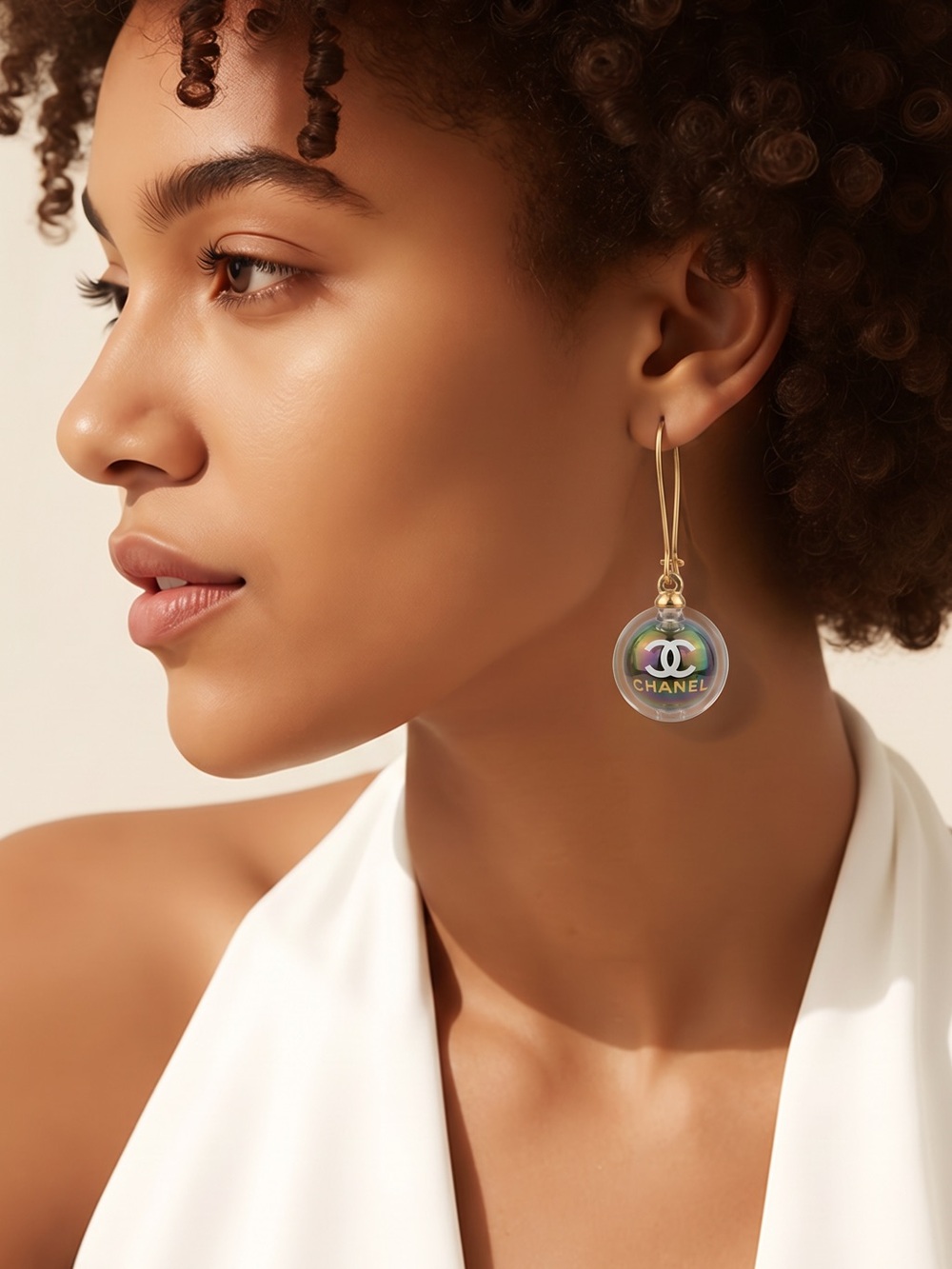 Gold Drop Earrings with Iridescent Multicolor Globe